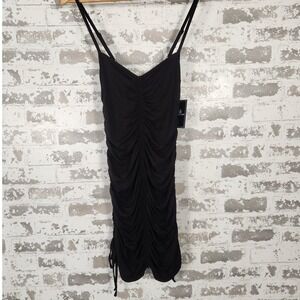 Volcom Le Doja Chat Dress Small Black Ruched Bodycon Mini Spaghetti Strap